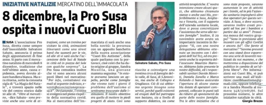 Cuori Blu Autismo - La Pro Susa ospita i nuovi Cuori Blu 8 dicembre 2021